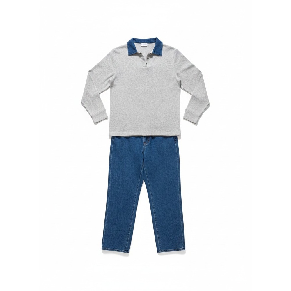Season Ticket Vintage‎ Gray Ribbed Polo Top & Blue Pants Set, Women's Size L/16